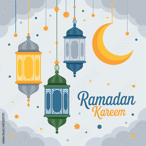 Ramadan kareem greeting with hanging lanterns and crescent moon