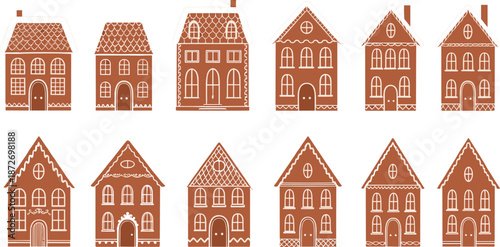 Collection of cozy gingerbread house illustrations with decorative details, perfect for Christmas, winter holidays, patterns, and festive designs