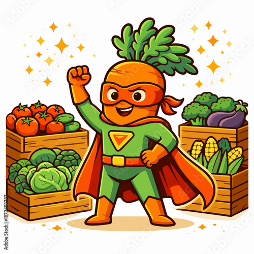 Carrot vegetable superhero mascot at farmers market with fresh vegetables