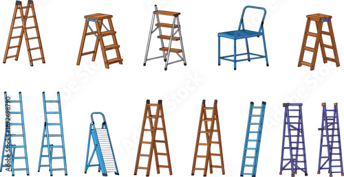 Collection of various ladders and step stools including wooden, metal, folding, extension, and safety ladder designs