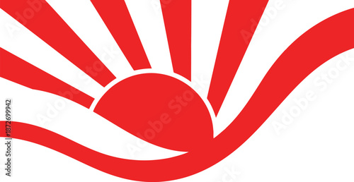 National foundation day of japan. Stylized red rising sun with dynamic rays and flowing wave patterns against a clean white background.