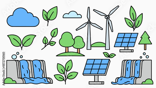 Set of Ecology and Clean Energy Line Art Icons on White Background