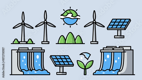 Sustainable and Clean Energy Sources Modern Flat Line Icon Set