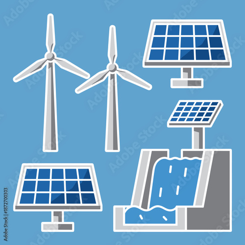 Collection of Renewable Energy Sources Icons Wind Turbines, Solar Panels, and Hydroelectric Dam