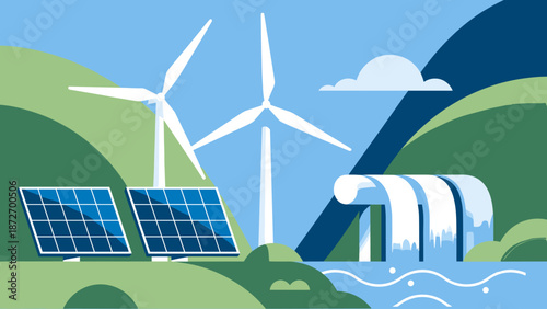 Renewable Energy Landscape with Solar Panels, Wind Turbines, and Hydropower