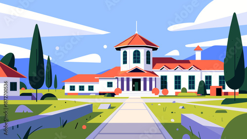 Architectural Illustration of a White Building with a Pathway in a Vibrant Green Landscape