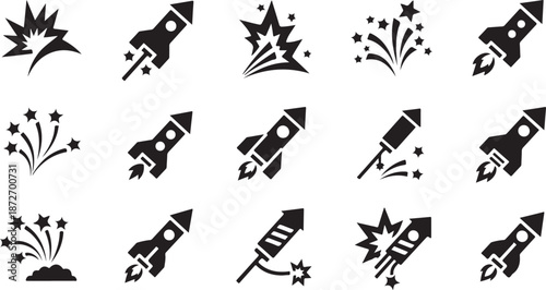 Black and white icons of rockets and fireworks exploding
