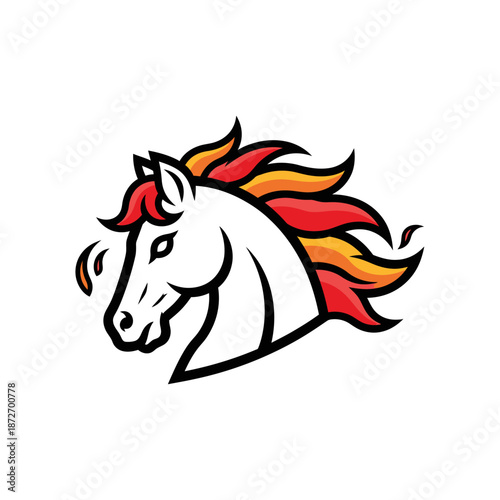 Stylized illustration of a white horse head with a vibrant, fiery mane in red, orange, and yellow, depicted in a dynamic cartoon style.
