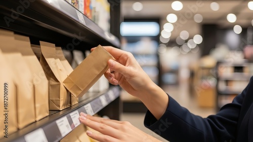 A person's hands reaching for a brown paper bag on a store shelf, selecting an item in a retail environment.