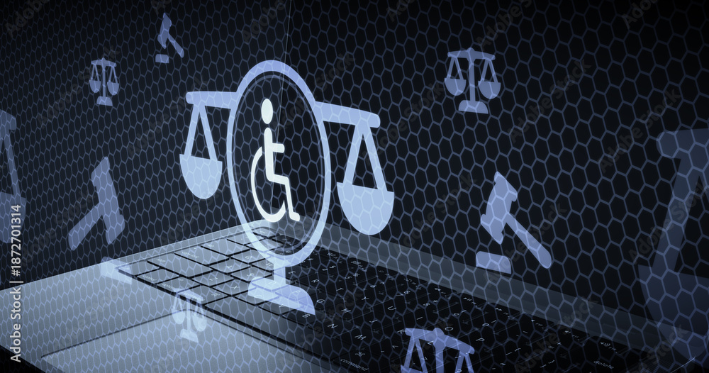 Fototapeta premium Derechos de discapacidad y Ley General de derechos de las personas con discapacidad LGDPD con inclusión social representada por balanza e icono de silla de ruedas sobre teclado digital