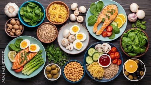 Wallpaper Mural A vibrant overhead shot of various healthy food ingredients and prepared dishes arranged on a dark wooden table, showcasing a balanced diet. Torontodigital.ca