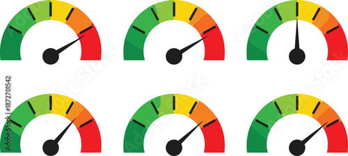 High-level gauge meter icon set with red zone indicators, performance and risk visualization for dashboard, analytics, and system monitoring