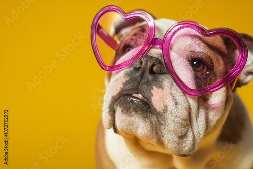 Humorous bulldog portrait features a dog wearing large, bright pink heart-shaped novelty eyeglasses against a solid yellow background