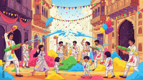 Wallpaper Mural People celebrating holi festival with colorful powders and waters in a vibrant street scene with traditional indian architecture and festive decorations Torontodigital.ca