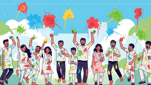 A vibrant group of people celebrating holi with colorful powders in the air on a sunny day with a bright blue sky and white clouds with celebration