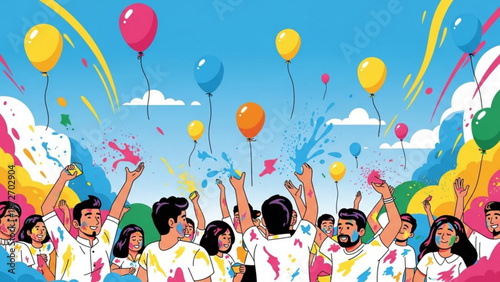 A vibrant group of people celebrating with colorful paint splatters and balloons in the air on a sunny day with celebration and party and happy