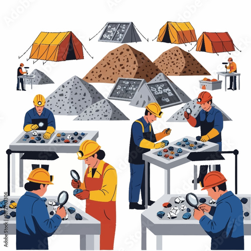 Geologists and miners examining rocks and minerals at a mining camp.