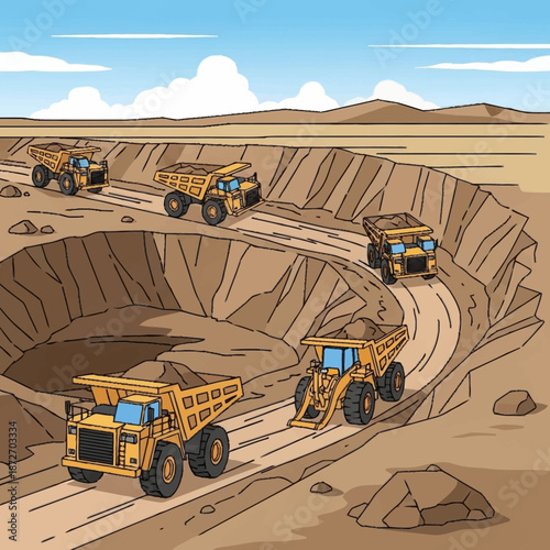 Heavy Duty Mining Trucks Operating in an Open Pit Mine.