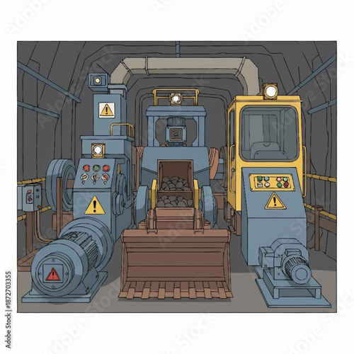 Heavy industrial machinery operating within a subterranean mine shaft.