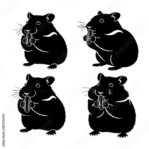Four black silhouette hamsters eating sunflower seeds, illustrating pet rodents