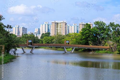 Panorama view with Moonrise Bridge connecting Chinese Garden and Japanese Garden in Jurong Lake Gardens and apartment towers, Singapore
