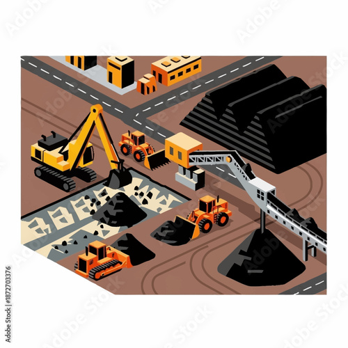 Heavy machinery operating in a coal mine, extracting and transporting coal.