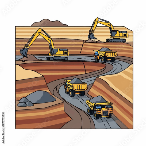 Heavy machinery operating in an open pit mine.