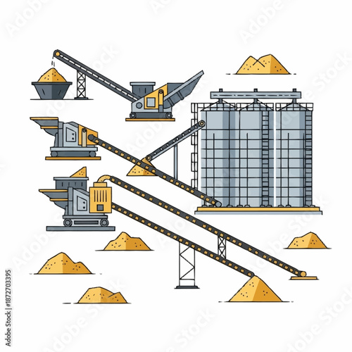 Industrial aggregate processing plant with silos and conveyors.