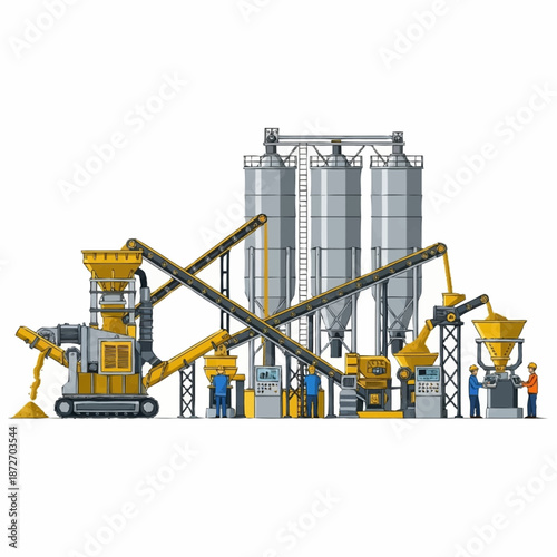Industrial Plant with Silos and Conveyor Belts for Material Processing.