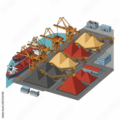 Isometric illustration of a bustling port with cargo ships, cranes, and various bulk materials.