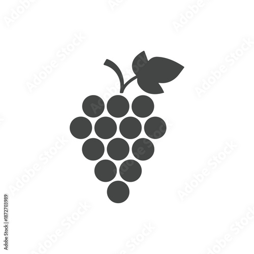 Simple and clean icon of a bunch of grapes with a single leaf and stem, representing fruits and nature in a minimalist style