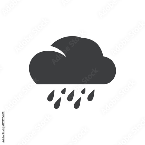 Simple dark gray cloud icon with falling raindrops representing rainy weather conditions and precipitation forecast for a modern digital interface or graphic design element