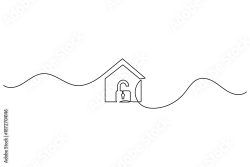 Home security icon in continuous one line art style representing safe house and protection