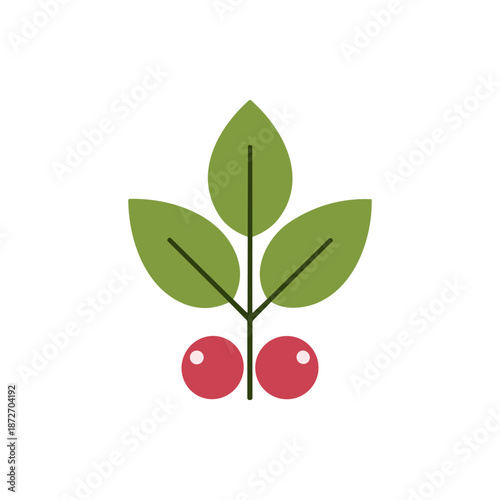 Stylized graphic illustration of a simple holly leaf with two red berries, symbolizing winter, holidays, and nature