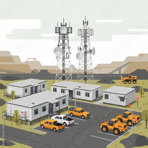 Telecommunication towers and modular buildings at construction site.