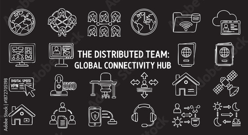 Collection of icons representing global connectivity and distributed teams, illustrating digital communication and remote work concepts.