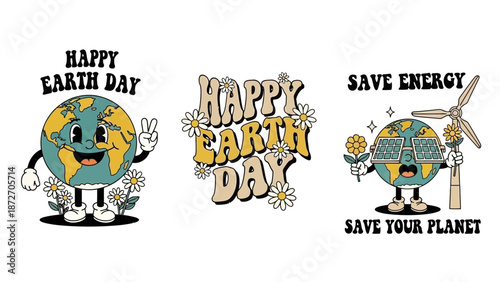 Retro cartoon Earth characters celebrating Earth Day with messages about saving energy and the planet.