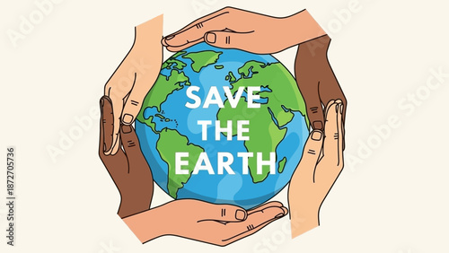 Diverse hands of people from around the world coming together to protect and save planet Earth.
