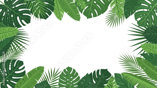 A vibrant border of lush green tropical leaves frames a blank white space, perfect for text or design.