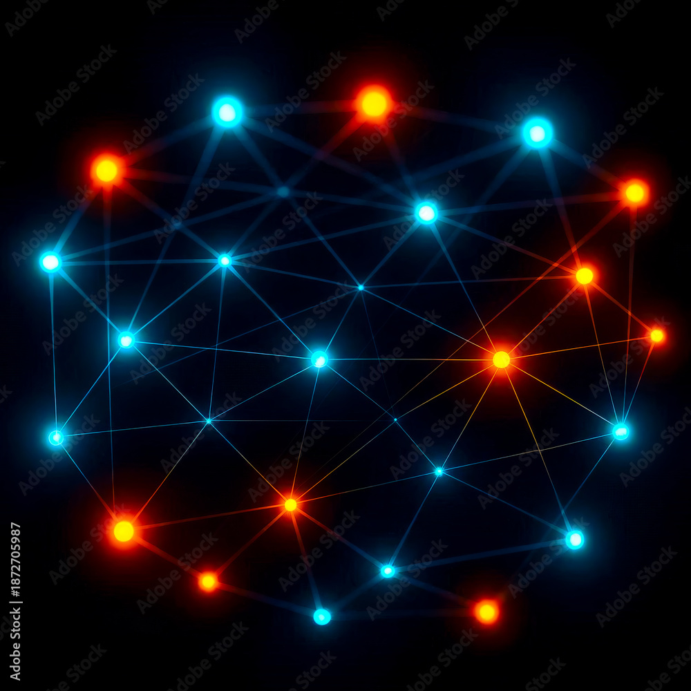 Fototapeta premium Global Digital Communication Network with Orange and Blue Nodes