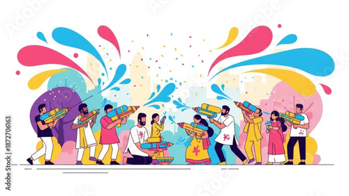 Vibrant illustration of people celebrating holi festival with colorful water guns and splashes of paint on a white background with colorful illustration