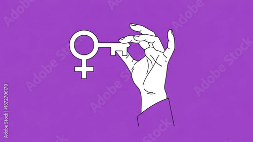 A white hand holds a key with a female symbol on a purple background representing female empowerment and gender equality with feminism and women s rights