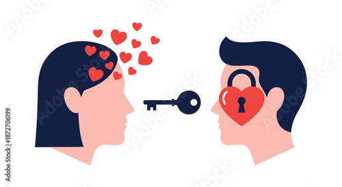 Conceptual graphic shows a female profile with floating hearts and a male profile with a locked heart, representing romantic attraction.