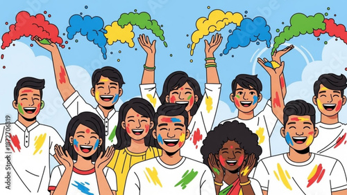 Diverse group of young adults celebrating holi festival with colorful powder and smiling faces on a sunny day with celebration and happy and joyful