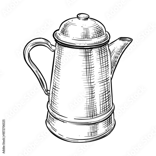 vintage enamel coffee pot vector line art hand drawn illustration