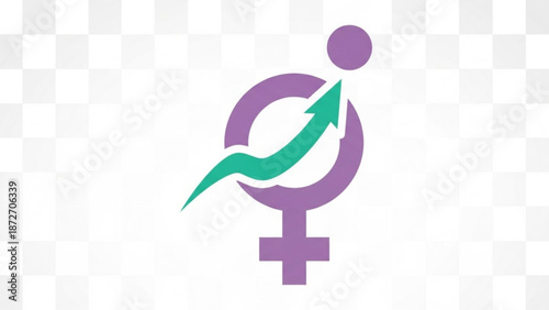 Purple female symbol with green arrow on white background for business and finance concepts with feminism and empowerment and growth and business concept
