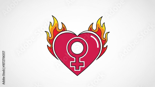 Vibrant pink heart with female symbol and flames on white background with feminist and empowerment and feminine and passion and love and energy