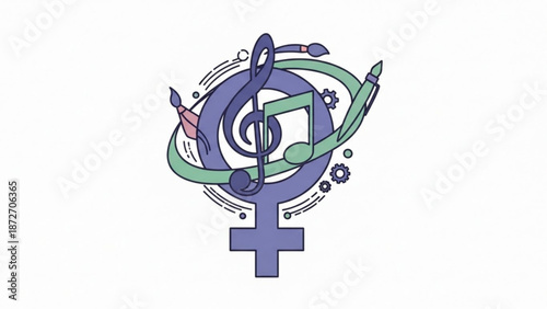 Vibrant artistic symbol combining female gender sign with music notes and paintbrushes in swirling creative motion on white background with design