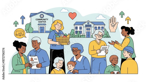 Diverse community members helping each other at a community center illustration for social services and volunteering