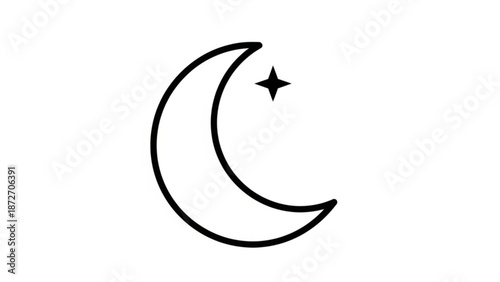 A minimalist black line drawing of a crescent moon with a star on a white background for design and decoration with design element and astronomy